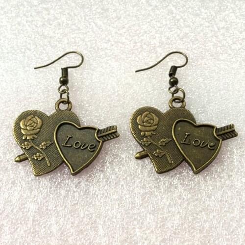 Antique vintage bronze love you heart arrow earrings for women metal alloy drop dangle earring jewelry fashion ear jewellery