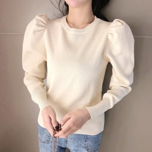 Fashion Korean Style Knitting Women Sweater Pullover Shirt Spring Autumn Elegant Blouse Pleated Puff Long-Sleeve Slim Waist Tops