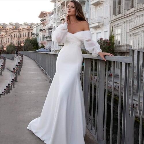 Fanweimei Satin Mermaid Wedding Dresses Long Fuff Sleeve Sexy Lace Beach Bride Dresses Off The Shoulder Boho Bridal Gowns