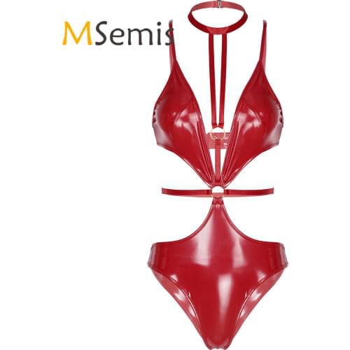 Womens Lingerie Sexy Leotard Bodysuit Patent Leather Halter Neck Clubwear Spaghetti Strap Jumpsuit Nightclub Stage Performance