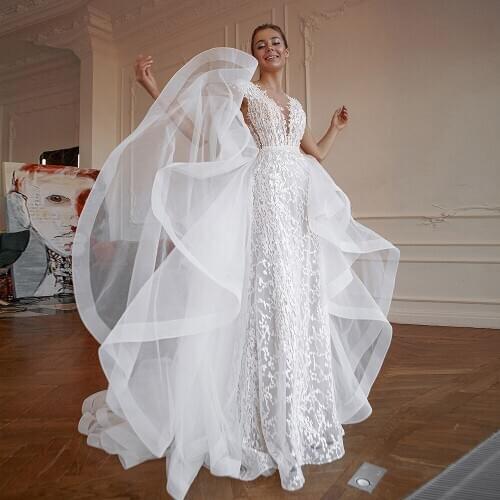 Beading Pearls Lace Mermaid Wedding Dresses With Detachable Train 2 Pieces Aliexpress Login vestido de noiva 2 em 1