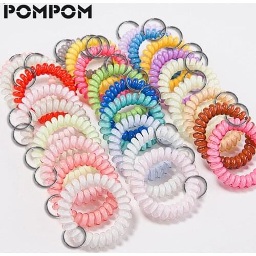 5PCS POMPOM Bright Pearlized Colors Stretch Spring Coil Keychains Fashion hairband Telephone Wire Cable keychain Fashion Jewelry