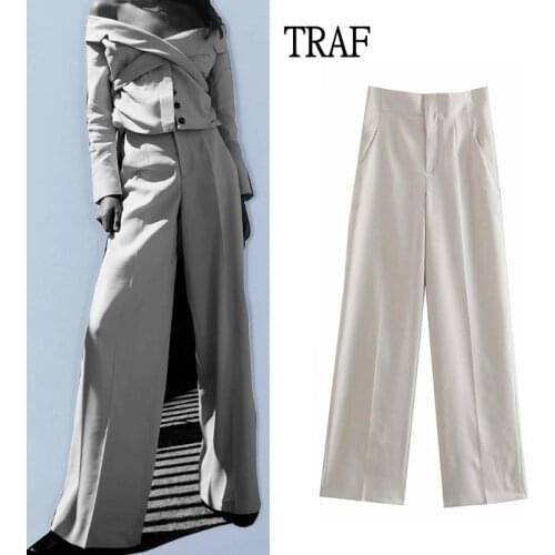 TRAF Za 2021 Pants Women Office High Waist Pants Woman Spring Vintage Pockets Wide Pants Woman Trousers Chic Female Suit