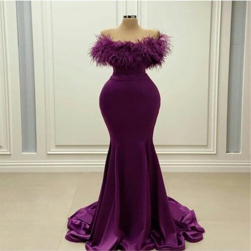 Mermaid Strapless Floor-Length Off The Shoulder Satin Purple Evening Dress With Feathers