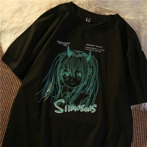 Japanese anime girl print cotton white short-sleeved O neck T-shirt size casual tshirt summer women clothes loose vintage top