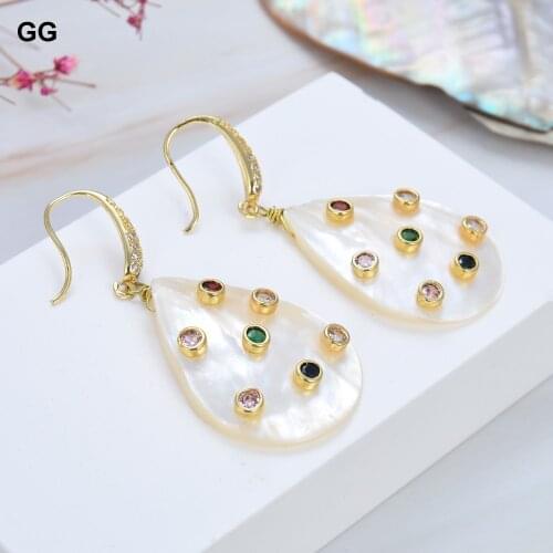 GuaiGuai Jewelry Teardrop Natural White Shell Mop Trimmed Multi Color Cz Dangle Hook Earrings Lady Fashion Jewelry