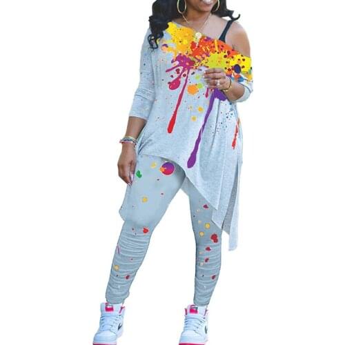 Ink-jet 2 Piece Sets Womens Outfits Off Shoulder Long T-Shirt and Pant Sets Streetwear Casual Tracksuit Jogging Femme Plus Size