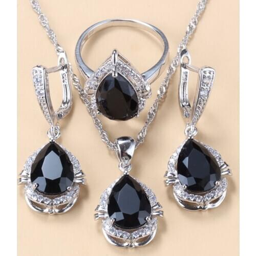 Unique Silver 925 Fashion Party Women Jewelry Sets Black Cubic Zirconia Water Drop Shape Earrings Necklace Pendant Ring Sets