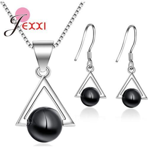 Pretty Geometric Pendant Necklace Earrings Jewelry Sets 925 Sterling Silver with Black Austrian Crystal Beads for Women