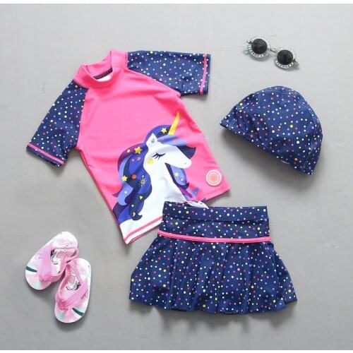 Suit for Baby 2-8 Years Swimsuit for Girls with Short Skirt Unicorn Mermaid Print Childrens Swimwear 3 Pieces Swimming Bathing