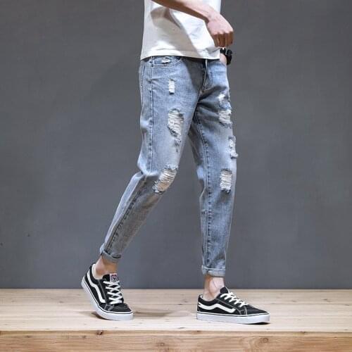Fashion 2021 Denim Jeans mens brand summer thin small feet ripped hole beggar casual all-match teenager pencil pants