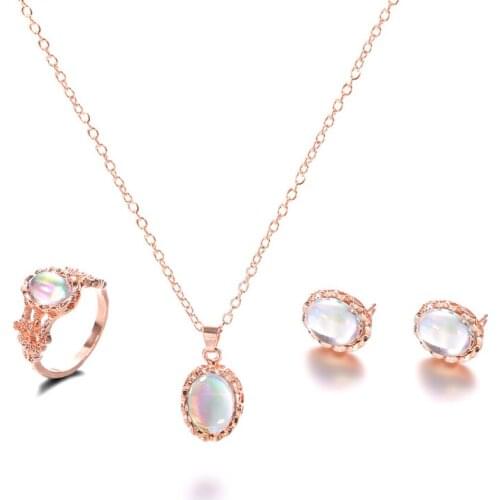 Shiny Simple Gemstone Trendy Jewelry Combination Set Fashion European and American Style New Necklace Ear Stud Ring Set