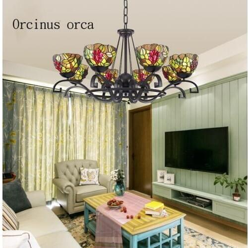 Mediterranean retro stained glass chandelier living room bedroom pastoral village LED drawing creative personality Chandelier