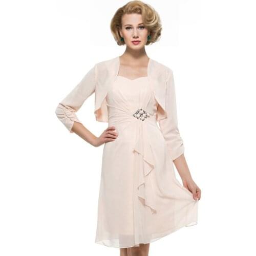 Simple Mother of The Bride Dresses with Jacket Chiffon Beading Knee-Length Short Formal Evening Gown Mother Dress for Weddings