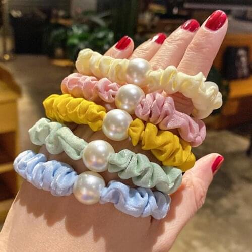 Women Fashion Adorable Sweet Candy Color Hair Rope Pearls Hair Scrunchie Polyester Faux Pearl Polyester Elastic Hair Accessories
