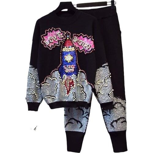 Spring Autumn Fashion Black Gray Knitted Tracksuit Women Set Sequins Beading Sweater Long Pants 2pc Female Loose Casual Knit Set