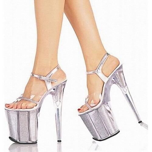 Rransparent Rhinestone Hollow Buckle strap Platform Pole dancing Nightclub 8 inches Lady Silver Party Models Stage 20CM Dress