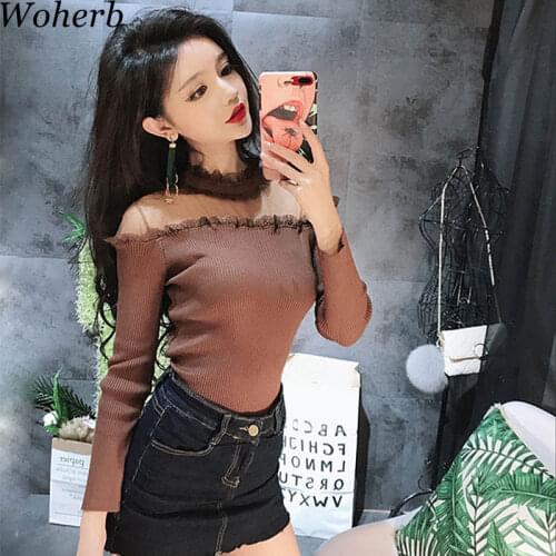 Woherb Perspective Gauze Lace Sweater Women Elastic Turtleneck Knitting Pullovers 2021 Autumn Jumper Sueter Mujer Pull 20130