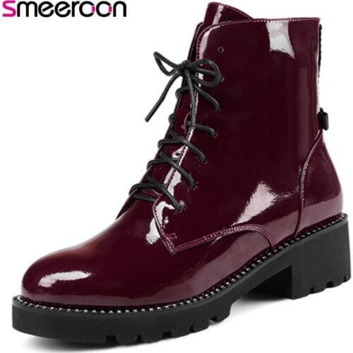 Smeeroon 2020 fashion autumn boots women round toe platform med heels ankle boots lace up high quality microfiber boots