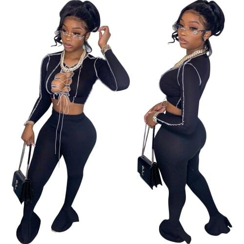 Casaul Women Tracksuit Two Piece Set Cross Bandage Open Up Full Sleeve Shirt And Long Pants Sportsuit Clothes For Women Matching