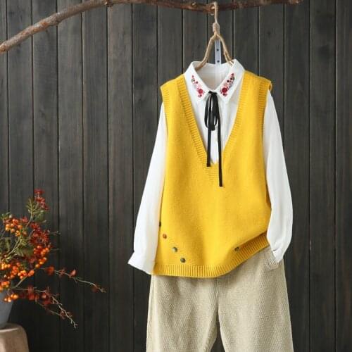 Fad Autumn Spring Womens Knitted Vest Solid Korean Style Sleeveless Jacket Female Deep V Neck with Buttons Casual Pullovers