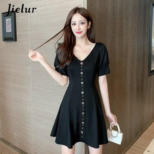 Jielur 2021 Fashion Black Dress Female Summer Elegant Lady Slim Women Dresses Diamond Buttons Bubble Sleeve V-neck Vestido S-XL