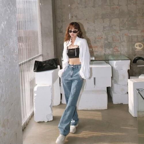 Geschilderd Ripped Jeans Hoge Taille Wijde Pijpen Broek Vrouwelijke Onregelmatige Pocket Rechte Broek Met Gat Mujer Panelled Den