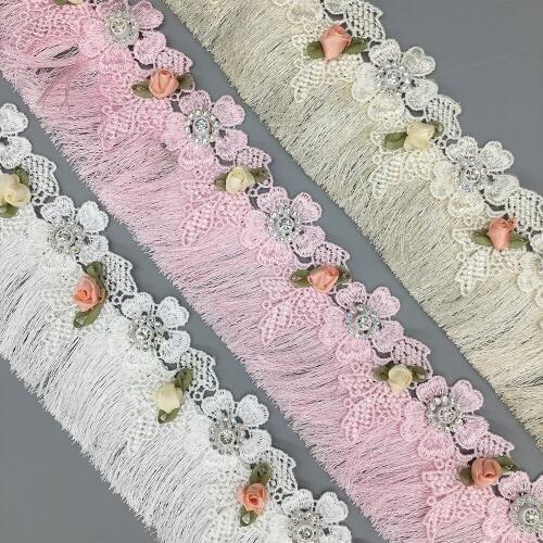 1 yard 3D Diamond Colorful Rose Flowers Embroidered Fringe Tassel Lace Trim Ribbon Fabric Sewing Craft Wedding Dress Decoration