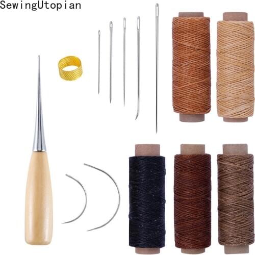 14PCS Leather Craft Stitching Tools Set with Hand Sewing Needles Awl Thimble 150D 50M Waxed Thread for Sewing DIY Leathercraft