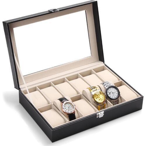 2018 High Quality Faux Leather 12 Grids Jewelry Ring Watches Case Displaying Storage Box Organizer large capacity Watch Box