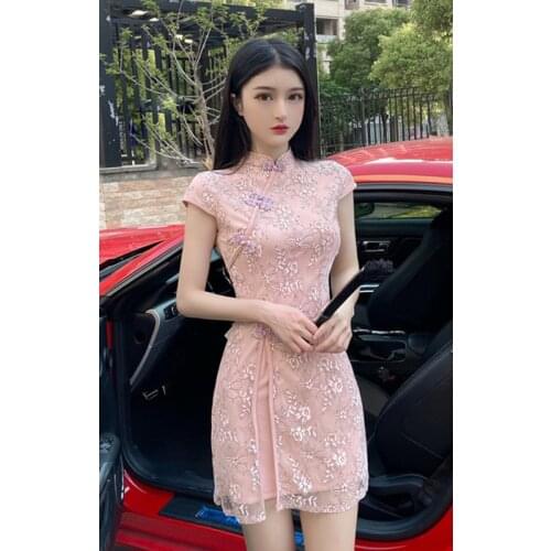 2020 new fashion short-sleeved retro sexy lace stitching split dress improved cheongsam bag hip dress female