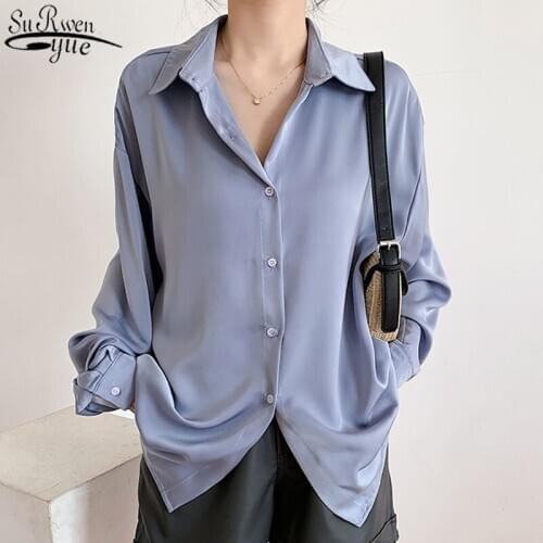 2021 Fashion Loose Solid Color Top Female 2021 Autumn New All-match Long Sleeve Polo Collar Womans Shirts Chiffon Blouse 11578