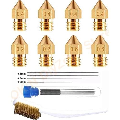 3D Printer 8PCS MK8 Nozzle 1.75mm (0.2mm/0.6mm/0.4mm) with Storage Box & Cleaning Needles and Copper Wire Brush Kit