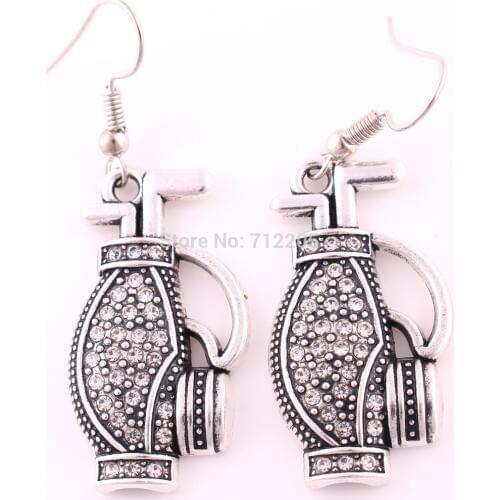18mm*33mm 5pair a lot antique silver plated zinc studded with sparkling crystals Golf Bag Pendant Drop Earrings