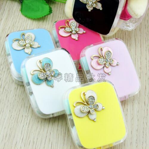 5pcs Fashion portable candy color rhinestone Bowknot shape contact lens case High quality With a mirror Partner box Nursing box