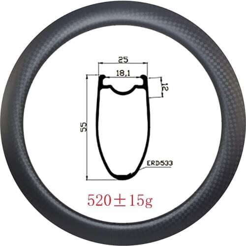520g 55x25mm Clincher Tubeless disc brake carbon rims UD 3K 12K matte glossy 25mm width 700C Gravel Road bike 20 24 28 32 holes