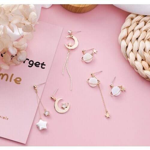 925 Silver Needle Korean Temperament Pearl Shell Star Moon Planet Asymmetric Earrings Personality Temperament Earrings Women