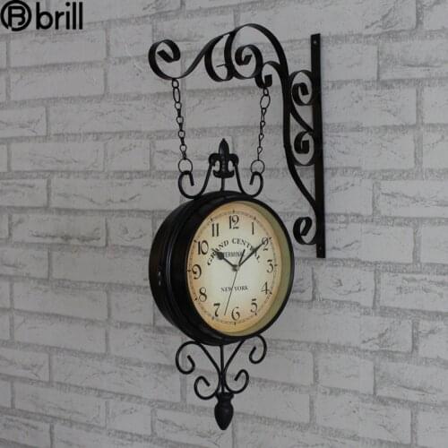 American Two-sided Metal Wall Clock Vintage Silent Living Room Double Face Clock Farmhouse Decor Iron Bell Hanging Clocks Gift