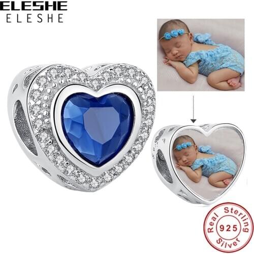 925 Sterling Silver Charm Blue Zircon Heart Photo Custom Beads Fit Original Charms Bracelet Crystal Bead Fashion Jewelry Making