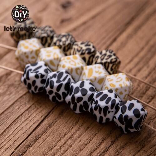 Lets Make 100PCS 14/17mm Silicone Beads Printed Leopard Octagonal Food Grade BPA Free Baby Teether Chewing Toys Beading DIY