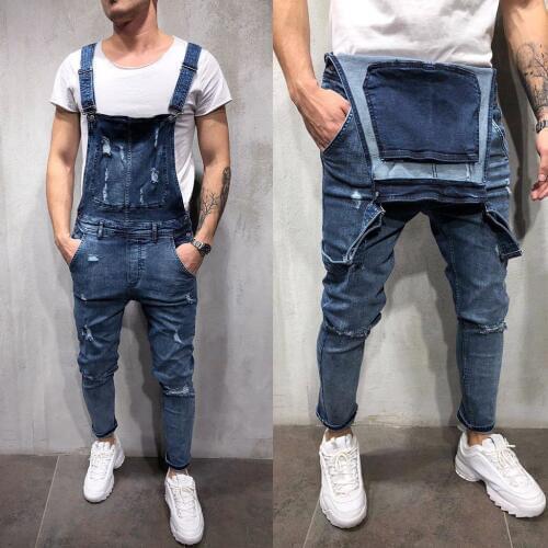 Fashion Mens Pants Overall Casual Jumpsuit Jeans Wash Broken Pocket Trousers Suspender Pants high quality Mens Jeans Pants NEW