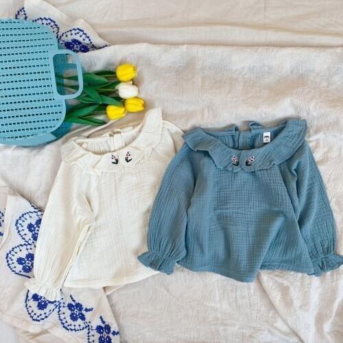 Princess Spring Autumn New Girls Shirts Kids Shirt Linen Cotton Casual Fashion Embroidery Doll Collar Shirt Children Clothing