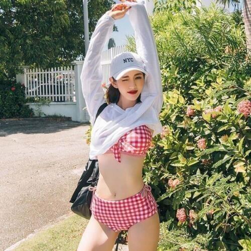 Sexy swimwear female split bikini small chest gathered high waist swimsuit lattice covered belly was thin