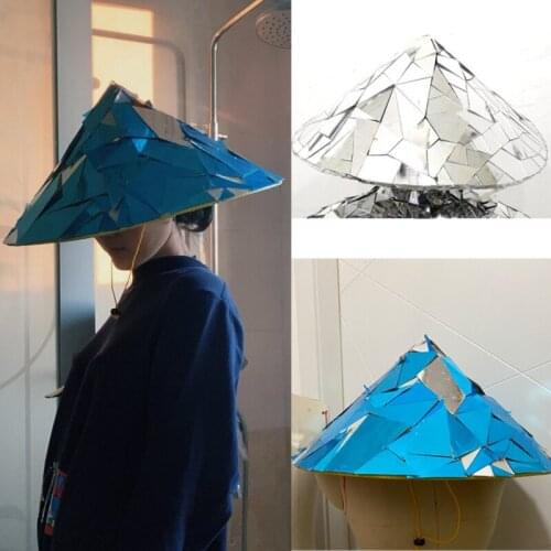 Shiny Blue Silver Mirror Hat Ninja Hat Sun Visor Straw Hat Farmer Fishing Hat Stage Performance Hat Gogo Costume Clubwear XS2305