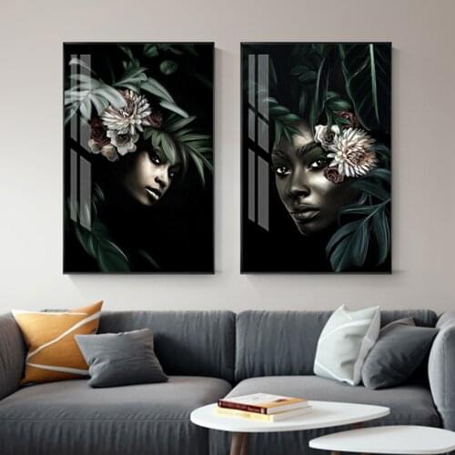 Modern Indian Girl Plant Canvas Art Fashion Figure Tableaux Wall Art Picture for Bedroom Aisle Sexy Black Women Poster and Print