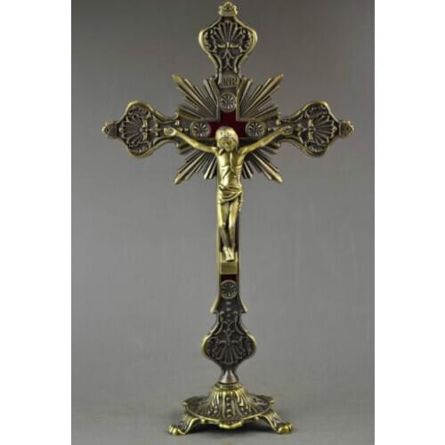 Old Copper Carving Jesus On Cross Stand For Redemption Special Big Statue