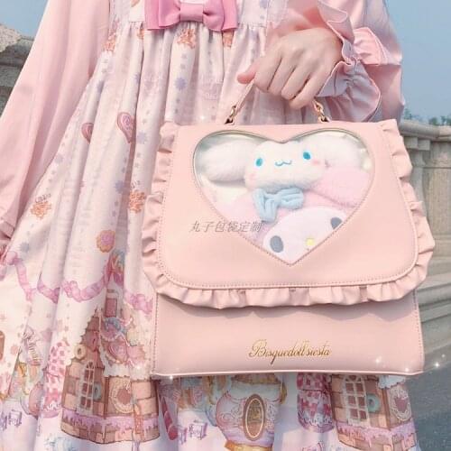 Japanese Sweety Style Pink Heart-shaped Ruffles Itabag Soft Girl Backpack Knapsack Transparent Teen Girls Student Shoulder Bags