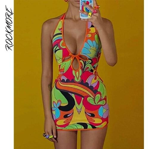 Rockmore Y2K Graphics Print Dress Halter Hollow Out Womens Dress 2021 Beach Party Mini Dresses Sexy Club Bodycon Sundress 2021