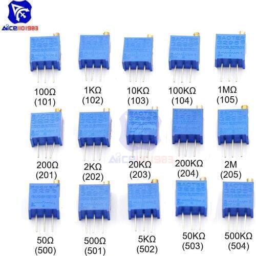 10PCS 3296 Trimmer Variable Potentiometer Resistance 100R/1K/10K/100K/1MK/200R/2K/20K/200K/2MK/50R/500R/5K/50K/500KΩ Ohm Trimpot