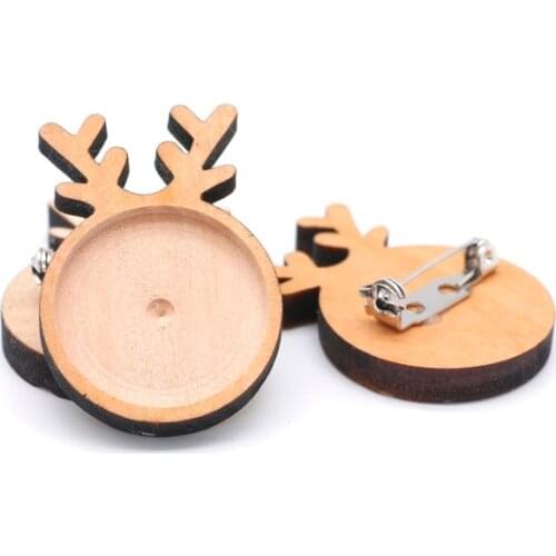 10pcs/lot 25mm Round Cabochon Christmas Wood Deer Brooch Base Blanks Trays Brooch Pins Cameo Setting Diy Jewellery Wholesale